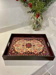 Plateau de service artisanal en bois Art Déco avec travail Meena pour la cuisine, la table à manger, organisateur décoratif utilitaire - Product Image 3