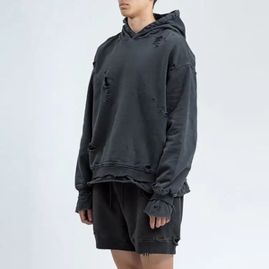 Sweats à capuche personnalisés pour hommes poids lourd lavage à l'acide à capuche hommes déchiré ourlet brut détresse broderie sweats à capuche - Product Image 4