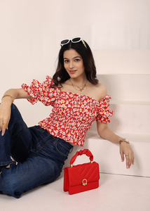 Floral Print Off-Shoulder Tank <b>Top</b> <b>Red</b> White Lightweight Linen/Cotton Summer <b>Top</b> Eco-Friendly Breathable Fabric Elegant Sweet - Product Image 3