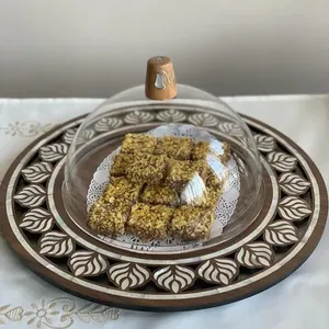 Dôme de service décoratif rond en bois avec couvercle en verre Couvercle de table moderne et élégant pour la cuisine et le buffet - Product Image 2