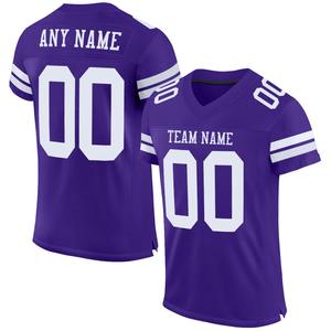 Camiseta de Fútbol Personalizada, Uniforme de Fútbol de Primera Calidad | Fabricante EM y ODM, Jersey de Fútbol Americano Personalizado, Auténtico, de Malla Blanca y Morada - Product Image 1