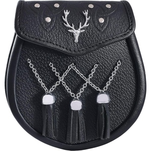 Traditional Tartan Plaid Scottish Celtic Highland Buffalo Leather Sporran for <b>Kilt</b> Outfit with Chain and Tassels - Product Image 2