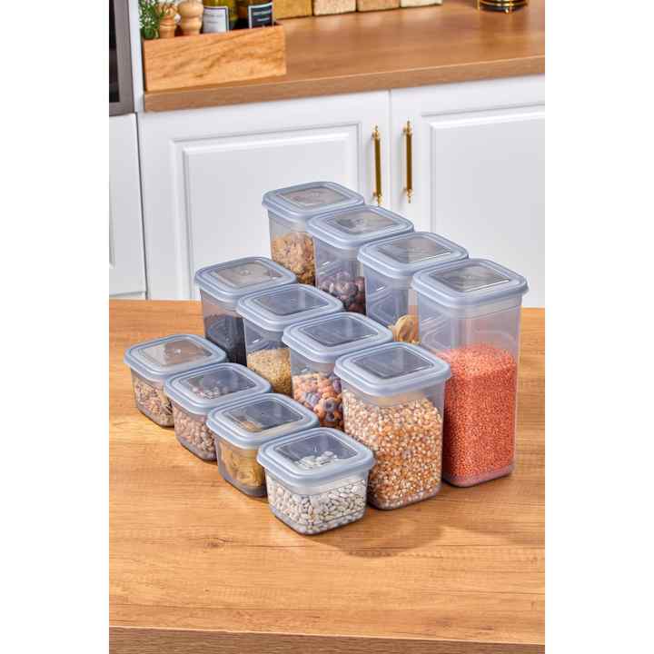 Set of 12 Leakproof Square Storage Containers with Lids Gray 4X ( 0.6L - 1.25L - 1.9L )