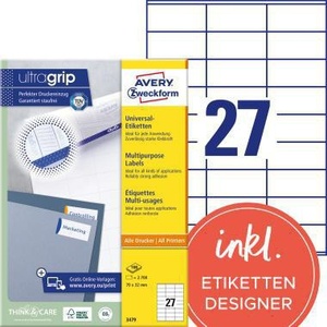 Etiquetas Universales Avery Zweckform Ultragrip 70 x 32 mm (Ancho x Alto), Papel Blanco No Removible, 2,700 Etiquetas/Paquete, Papel de Oficina - Product Image 1