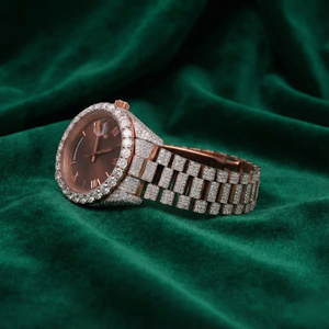 Rose Gold Fully Iced Moissanite Diamond Watch Brown Dial Date Stainless Steel Luxury <b>Automatic</b> Wristwatch - Product Image 4