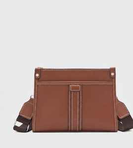 Tan Brown Genuine Leather Vintage Lady Crossbody <b>Bag</b> Minimalist Rectangular Wide <b>Strap</b> Shoulder Travel Satchel Zipper Water - Product Image 1