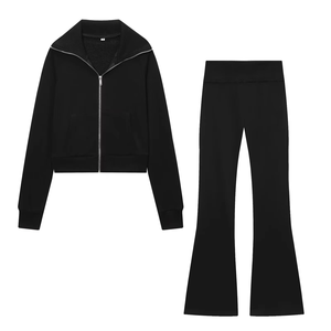 Ensemble décontracté deux pièces pour femme, court, uni, sans col, manches longues, poches, fermeture éclair, taille élastique, pantalon long, mode été, tricot - Product Image 1