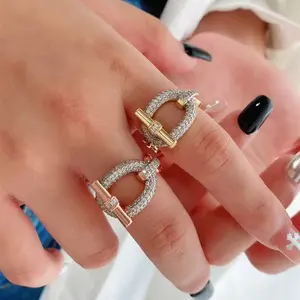 Anillo de Dedo de Diseño Moderno y Elegante con Hebilla OT, Completamente Adornado con Circonitas, Chapado en Dos Tonos, Joyería de Lujo para Mujer, Juego de Anillos y Brazaletes - Product Image 5