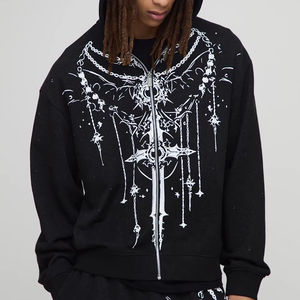 Conception avant de qualité supérieure hommes coton lourd impression Streetwear fermeture éclair sweats à capuche unisexe épaule tombante - Product Image 1