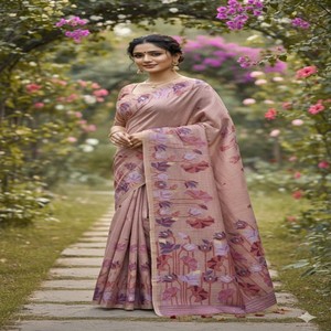 Sari VASTRA COTTAGE de Algodón Muga Suave Premium con Borde de Tejido Resham Jamdani, Borla de Loto y Borlas Decorativas, Prenda Tradicional - Product Image 5