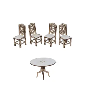 Meubles miniatures pour maison de poupée Chaises de table à manger en bois découpées au laser Ensemble de 5 pièces 1 table et 4 chaises Mini ensemble de salle à manger