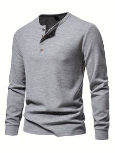 T-shirt Henry pour homme T-shirt à motif gaufré tricoté uni à manches longues de couleur unie pour l'automne et le printemps avec quatre boutons - Product Image 3