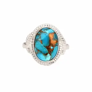 2023 High Quality Jewelry Supplier Natural Oval 10x14mm Silver 925 Sterling Blue Copper Turquoise Gemstone Bezel Women Ring