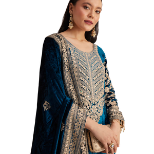 Traje de Palazzo bordado de terciopelo verde azulado, venta al por mayor de ropa étnica para mujer, fábrica de ropa OEM, proveedor a granel, ropa de fiesta personalizada - Product Image 2