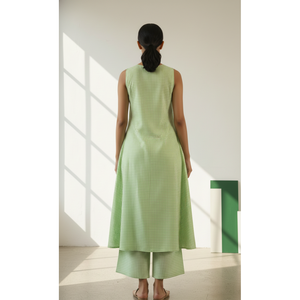 Conjunto de Kurta Casual a Rayas de Tela Oxford Gingham Transpirable sin Mangas con Cuello en V y Diseño sin Cuello para Primavera/Verano - Product Image 3