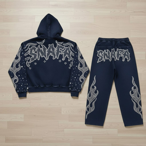 Survêtement unisexe 100 % coton évasé avec broderie strass, effet délavé, à capuche, style streetwear, patchwork - Product Image 2