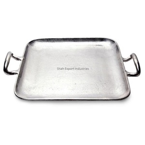 Engraving Design Silver Finished Metal Food <b>Serving</b> <b>Tray</b> for Hotels and Restaurant Supplies Food <b>Serving</b> <b>Tray</b> with Handle - Product Image 4