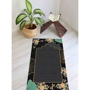 Tapis de prière noir à motifs floraux : Tapis de prière islamique musulman, tapis imprimé, tapis à poils doux - Product Image 5
