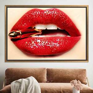 Impresión en Lienzo de Labios Rojos: Decoración de Pared Artística Moderna y Sensual, Lienzo con Marco Dorado - Product Image 1