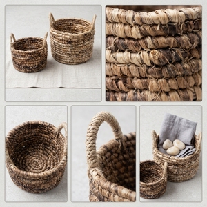 Ensemble de paniers de rangement en écorce de bananier naturelle, pot cylindrique avec anse en anneau épais enroulé, pot de fleurs, décoration artistique pure pour la maison, artisanat - Product Image 3