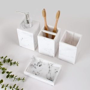 Juego de accesorios de baño de resina con aspecto de mármol, 5 uds., dispensador de jabón hecho a mano y soporte para cepillo de dientes con taza para cepillo de dientes a la venta - Product Image 3
