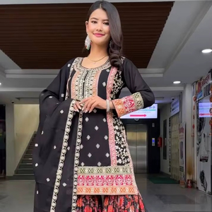 Par de Sharara Negro estilo Bollywood con bordado Impresión digital Faux Far Fabric para ropa de fiesta de Damas Indias pakistaníes - Product Image 1