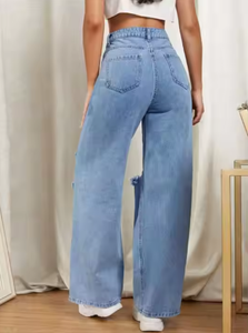 Vente en gros de pantalons évasés en jean de qualité supérieure pour femmes braguette à glissière personnalisée avec détail déchiré jean mode jambe ample et large - Product Image 2