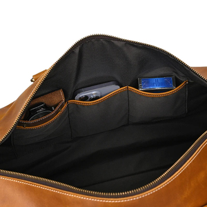 Sac de voyage pliable en cuir véritable grande capacité avec fermeture éclair, sac de week-end portable et durable marron - Product Image 2