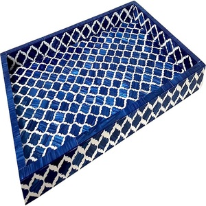 Bandejas de desayuno con incrustaciones de hueso decorativas para el hogar, bandeja marroquí morisca azul y blanca de Damasco hecha a mano, plato de servicio multiusos - Product Image 1