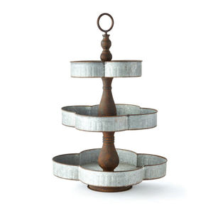 Support de service à deux niveaux de style élégant en métal galvanisé et plateau de présentation en bois massif avec poignée pour gâteaux, desserts et fruits - Product Image 5