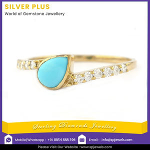 แหวนหมั้นสีเขียวขุ่นแข็ง14K สีเหลืองทองแท้เทอร์ควอยซ์และแหวนเพชรแฮนด์เมดของขวัญเครื่องประดับขายส่ง - Product Image 2