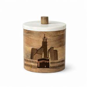 Pot de rangement en bois avec design de la tour de l'horloge de la Mecque et de la Kaaba, couvercle en marbre, boîte décorative pour la décoration de la maison islamique - Product Image 1