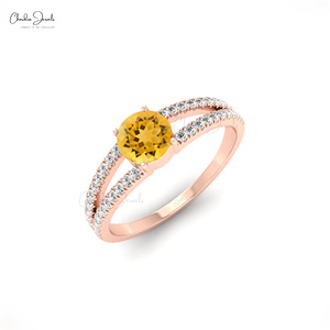 Joyería de gama alta Anillo de diamante minimalista de oro sólido de 14K Anillo de doble vástago de citrino genuino de corte redondo de 5mm Joyería de mujer al por mayor - Product Image 2