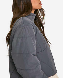 OEM Latest Design Dark Grey Color Puffer Jacket Breathable Fabric <b>Stand</b> Collar Cotton Filled Padded Zip Up Women's Bubble Jacket - Product Image 6