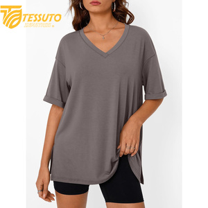 Camiseta básica de gran tamaño con logotipo estampado personalizado de peso pesado, camiseta de talla grande de alta calidad a la moda para mujer, Camiseta 100% de algodón con cuello en V - Product Image 2