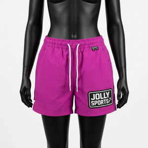 Shorts de sport pour femmes en nylon respirant de haute qualité 120 GSM, rose, avec logo personnalisé en patch de caoutchouc. - Product Image 1