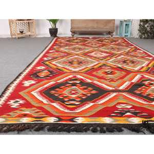 Turkish Kilim Large Rug 5.2x9.5 ft (160x291 cm), Vintage <b>Red</b> Animal Print <b>Wool</b> Rug - Product Image 5