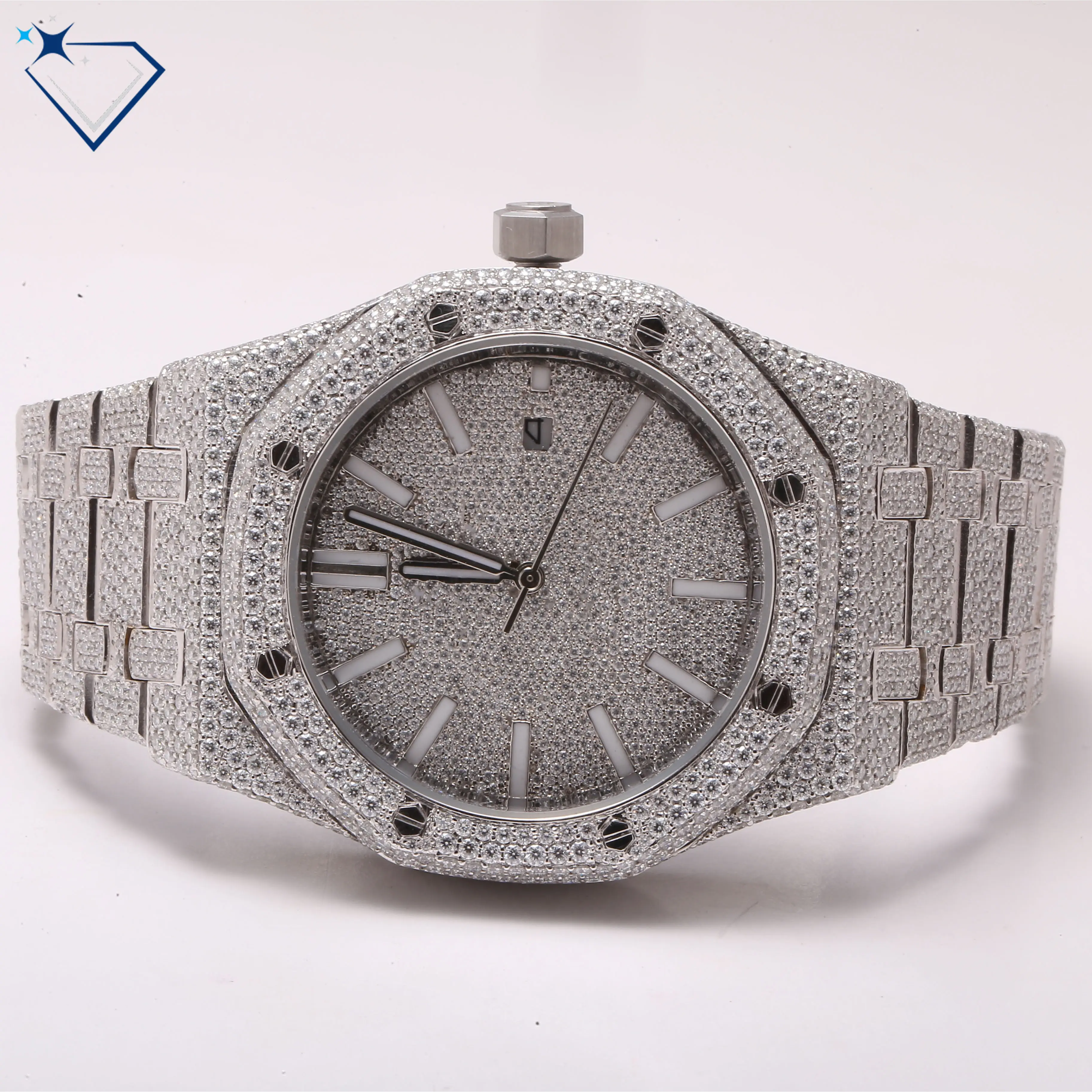 exporter and manufacturer of white silver plating lab grown diamond watch handmade for mens at affordable price