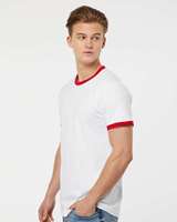 T-shirt pour homme BELLA + CANVAS blanc/rouge en jersey 100% coton peigné, coupe ample, sport, manches régulières, doux, anti-boulochage, respirant