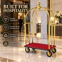 Bellboy Gepäckwagen mit Goldkugel-Endstück, Edelstahl, Roter Teppich Plattform, 8 Zoll Leise Laufrollen, Hotel-Lobby-Service