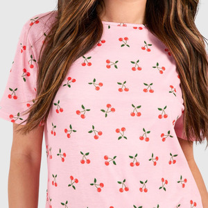 New Style 2pc Women's Pajamas Set Short Sleeve and Short Pants Casual and Fashionable Floral Printed <b>Cherry</b> Print Home Wear Set - Product Image 4