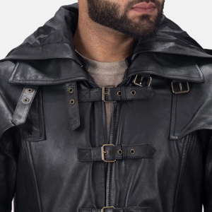 Veste en cuir pour homme, longue, décontractée, en cuir véritable, avec col double respirant, en polaire, noire, pour homme, 2026 - Product Image 4