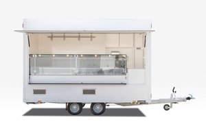 Camion de restauration mobile blanc 5,8 m avec carrosserie en aluminium, compartiments isolés et espace de préparation pour la restauration en extérieur - Product Image 6