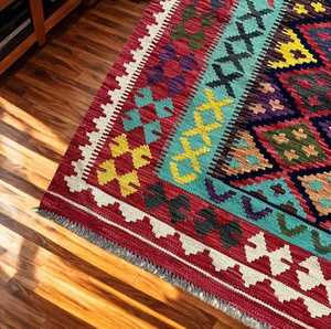 Tapis afghan Kilim tissé à la main Rouge foncé et turquoise Géométrique Diamant Tissage plat Laine Tapis de surface - Product Image 2