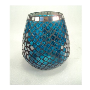Bougeoir en verre fini mosaïque bleue ouragans pour la décoration de table de noël de fête décorative à la maison - Product Image 1