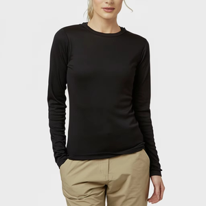 T-shirt à manches longues col rond noir pour femme, coupe ajustée, couleur unie, tricot en polyester décontracté, toutes saisons - Product Image 3