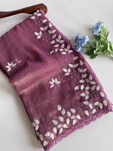 ผ้าส่าหรีจีชิมเมอร์ที่มีด้ายสีขาวสวยงามสำหรับงานปาร์ตี้ - Product Image 2