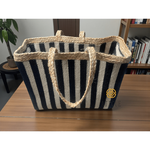 Large Jute and Cotton Tote <b>Bag</b> with Striped Design Open Closure Carry <b>Bag</b> for Summer Shopping and Travel (16x7x13 In) - Product Image 2