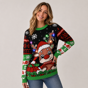 Suéter navideño feo con luces LED para mujer, suéter <span class=keywords><strong>de</strong></span> punto jacquard, suéter navideño con diseño <span class=keywords><strong>de</strong></span> árbol <span class=keywords><strong>de</strong></span> Navidad, Papá Noel y renos, suéter navideño festivo - Product Image 1
