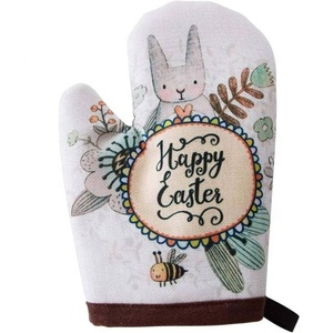 Joyeuses Pâques Lapin Abeille Imprimé Attrayant Meilleure Vente Grill Conventionnel Certifié GOTS 100% Moufles de Sécurité pour Four en Coton Biologique - Product Image 1